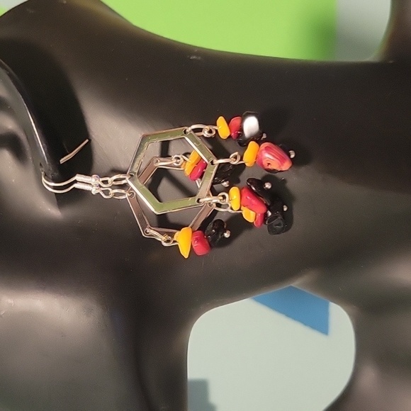 New Handmade Hexagon Shaped Fire Color Natural Stone Dangle Earrings Gift Box - Picture 3 of 5